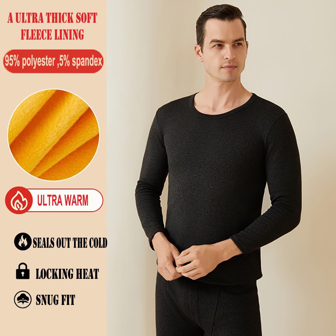 Ouruikia Męska bielizna termiczna, zestaw z podszewką z polaru, podkoszulek, spodnie termiczne Long Johns Base Layer, ekstra gruby garnitur, super ciepłe