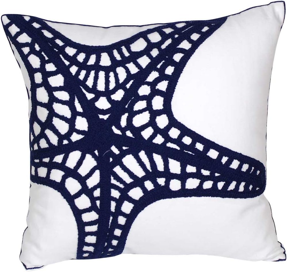 Embroidered Nautical Decor Pillow Cover,Square 18 Inches Decorative Canvas Pillow Cover for Nautical Style Deco by (Navy-Starfish-New)