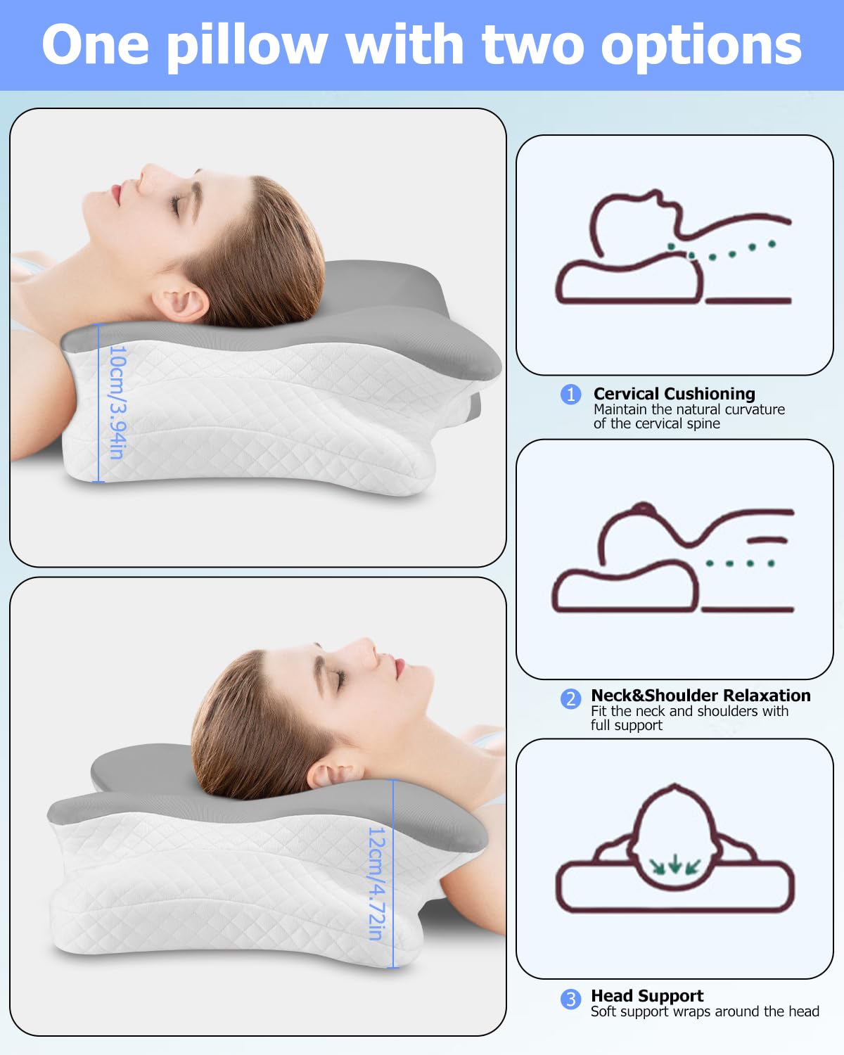Cuscino Cervicale, 3 in 1 Cuscino Memory Foam, Cuscino Cervicale per Dormire, Cuscino Ortopedico, Cuscino Ortopedico Cervicale, Cuscino Ergonomico, per Schiena/Fianco/Stomaco, 65 x 40 x 10/12cm