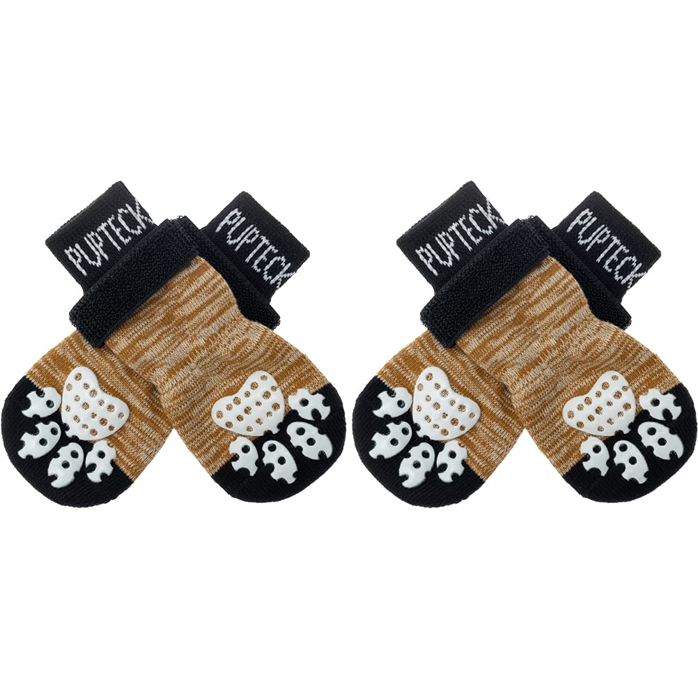 PUPTECK Anti-Slip Dog Socks with Double Sides Grips for Small Medium Large Dogs Hardwood Floors Prevents Licking, Dog Shoes for Hot Pavement Traction Control Paw Protector for Senior Dogs, Khaki SClimatePartner certified