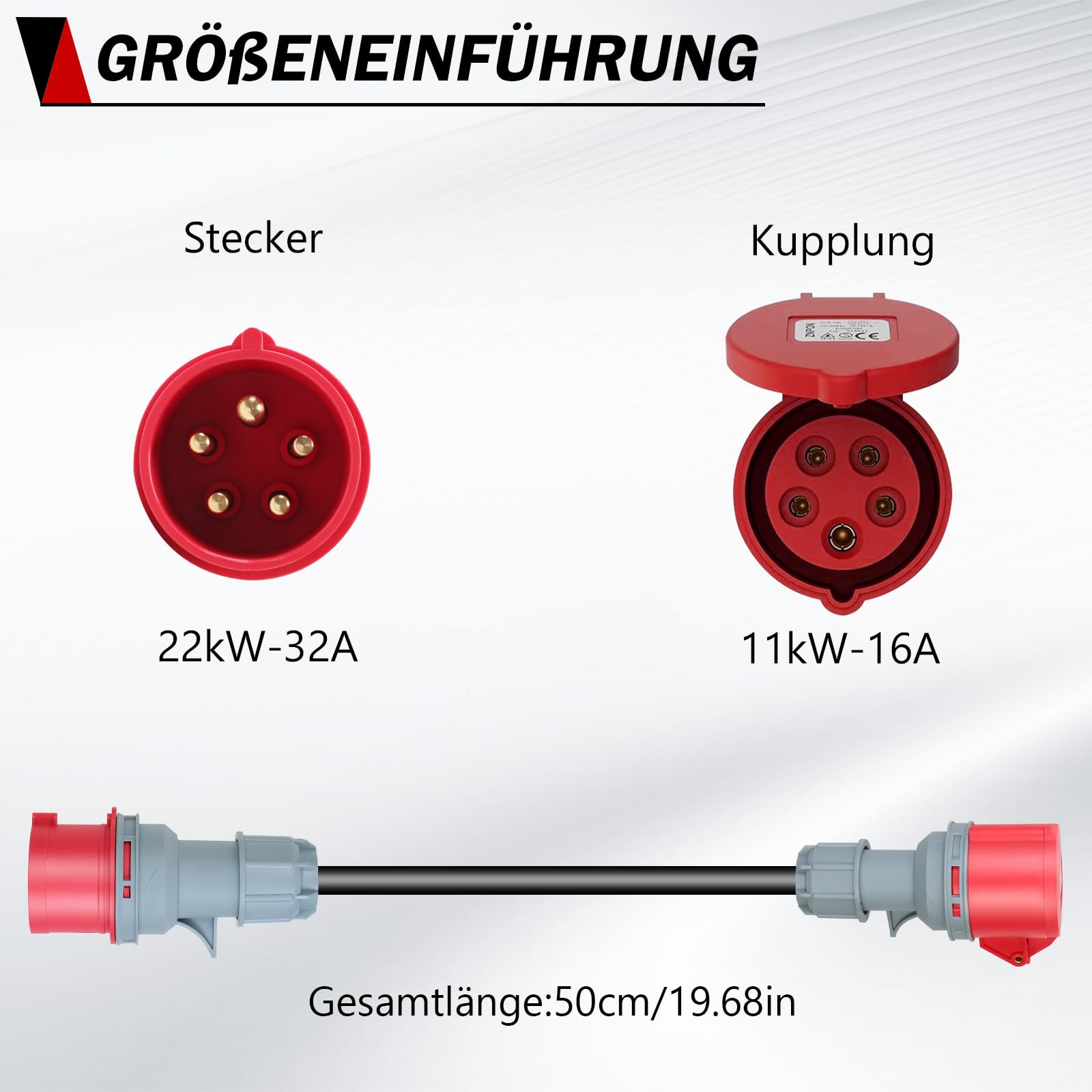 CEE Adapter 32A auf 16A, CEE Adapter Verlängerungskabel,Kupplung mit Leitungsschutzschalter 3-Phasig, 400V,Mit 5x2 5mm Gummi Starkstromkabel（Verlängerungskabel 0.5 m）