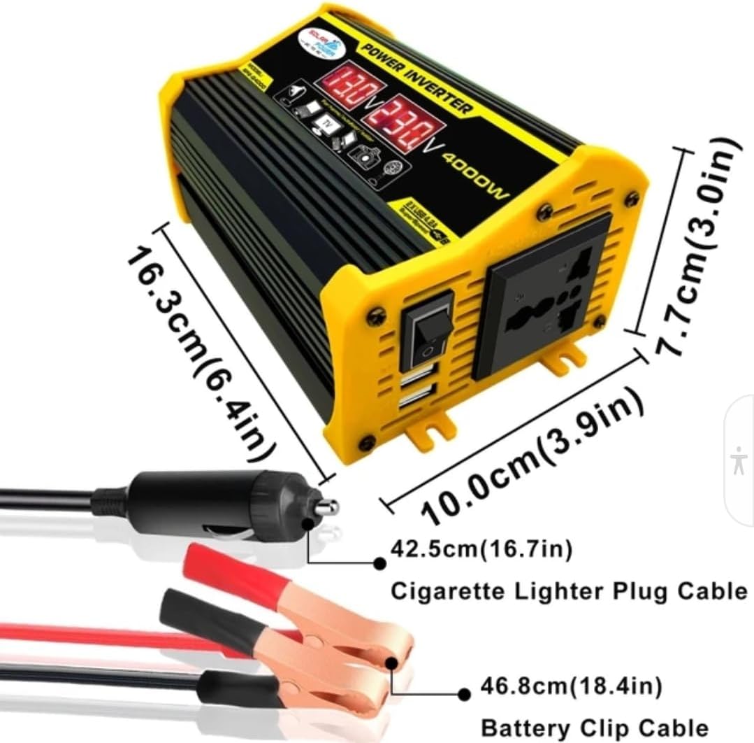 High-Power 4000W DC to AC Power Inverter – 12V to 110V/220V Converter with Dual USB Ports, Universal AC Outlet, LED Display for Cars, Trucks, RVs, and Home Backup (110V)