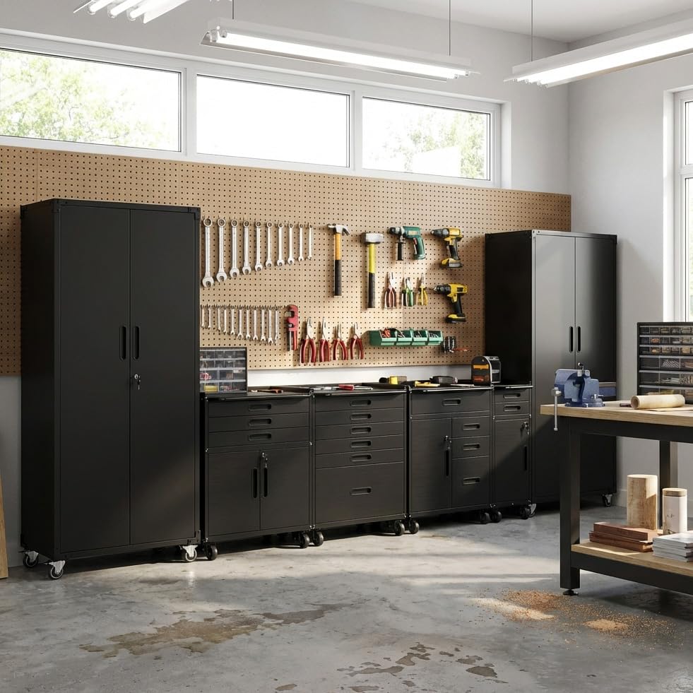 Image of Garage Cabinet System | Heavy Duty Steel All-in-One Modular Garage Cabinet Set for Ultimate Workshop Organization | Easy Assembly Garage Storage Cabinets & Tool Bench