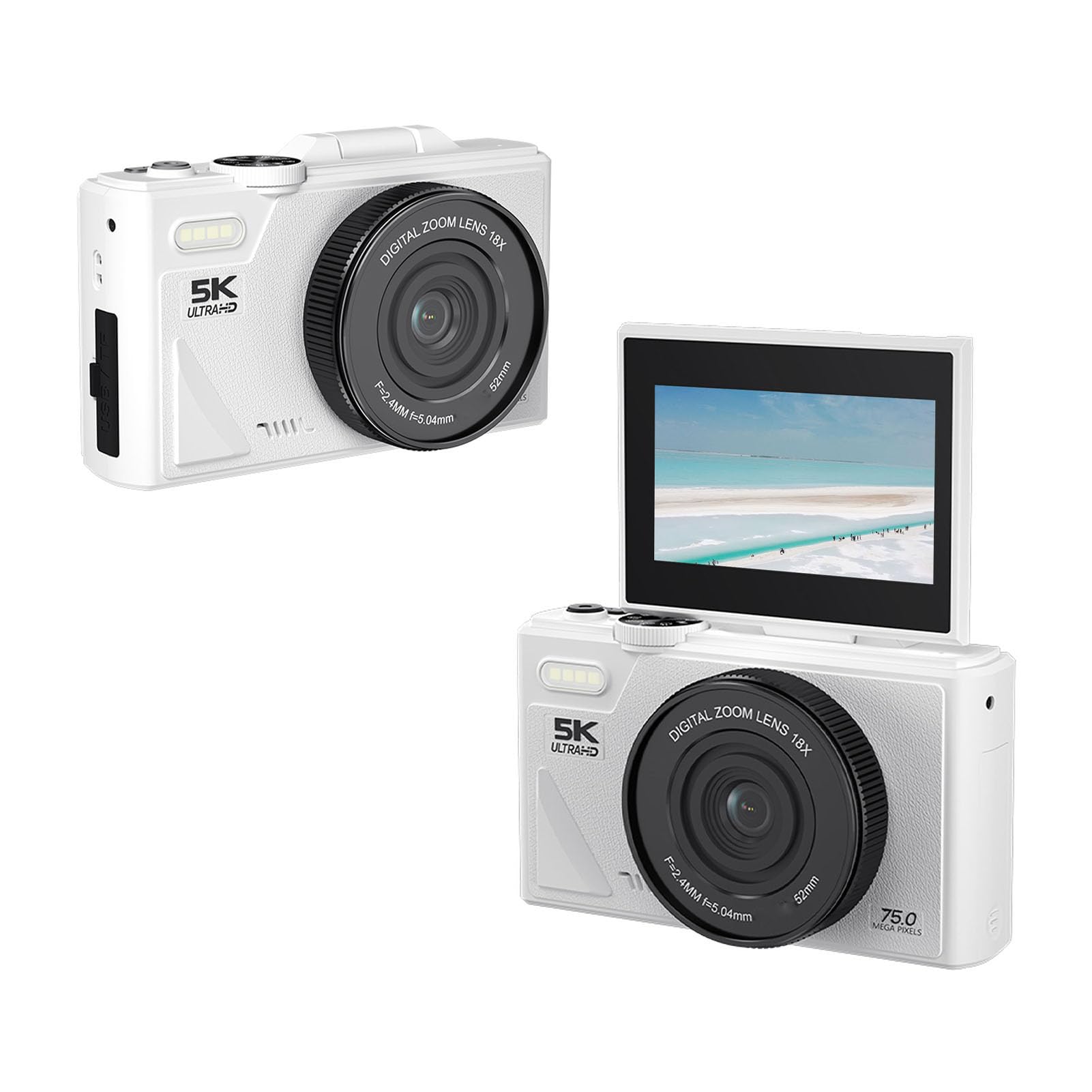 Appareil Photo Numérique 5K pour la Photographie, Caméra de WiFi 75MP avec écran Rabattable de 3 Pouces, Zoom 18X pour Les Voyages (White)