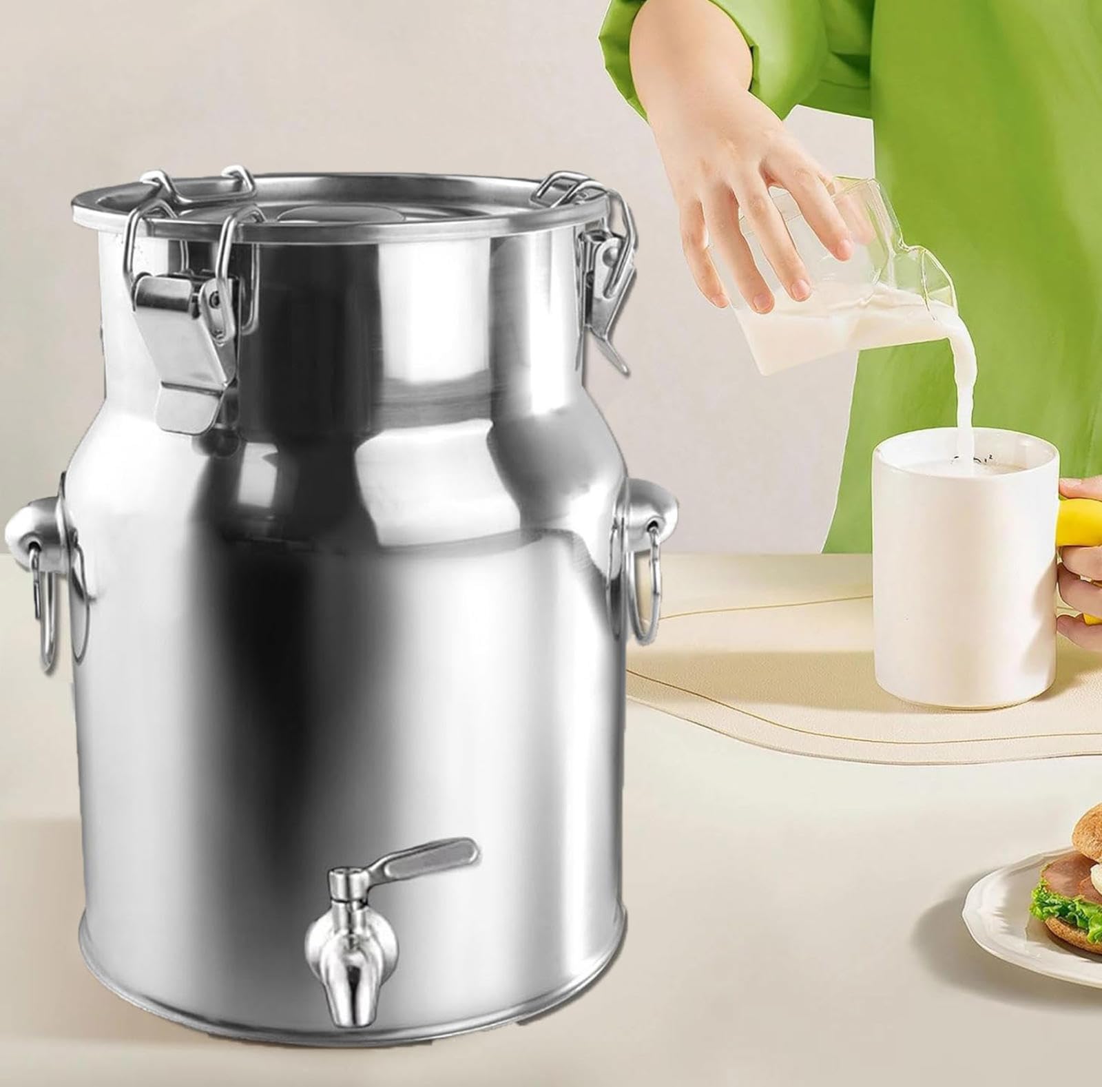 Seau en Acier Inoxydable avec Robinet Lait Étanche Canistre 5-22L Liquide Scellé Récipient De Stockage Rust Résistant À La Ferme Ferme Jug Durable Et Facile À Nettoyer