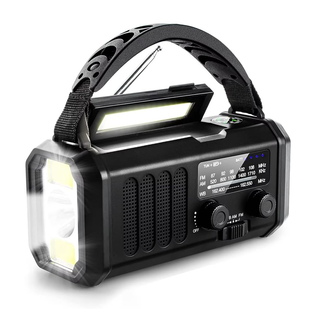 Radio Meteorológica de Emergencia FM/Am/, Radio Portátil con Manivela, Linterna, Energía Solar de 10000 MAh para Acampar Al Aire Libre