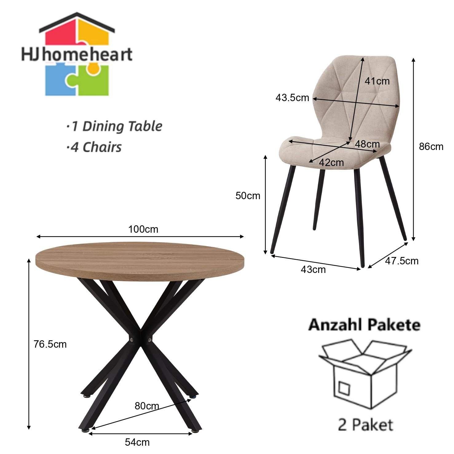 Esstisch und Stuhlset, 100 cm Runder Esstisch und 4 Moderne Leinenstühle, für Esszimmer, Küche, Wohnzimmer (Helle + Khaki)