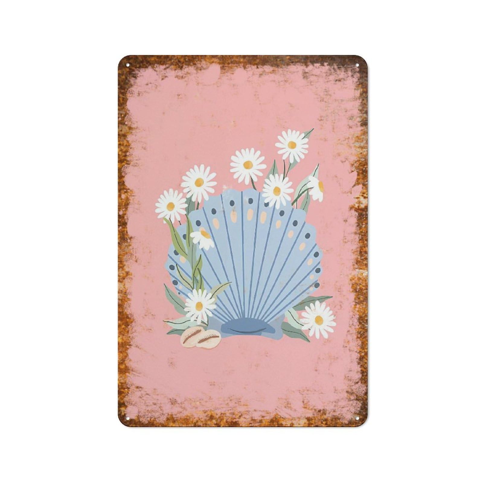 peiyeety Metal Tin Sign Seashell With Daisy Flowers Pattern Vintage Rustic Wall Art Kitchen Bathroom Bedroom Living Room Cafe Farmhouse Office Garage Home Bar Laundry Room Porch 8x12 Inch