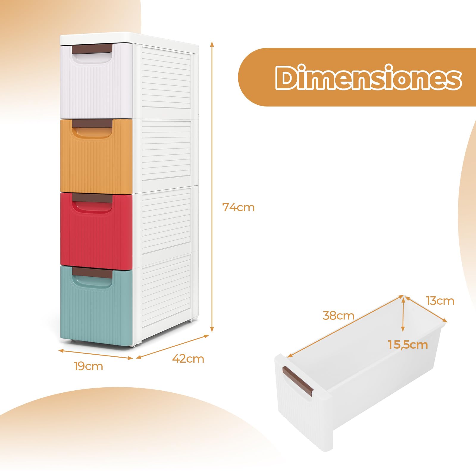 COSTWAY Comoda Dormitorio con Cajones, Gabinete de Almacenamiento Estrecho con Ruedas Incorporadas y Prácticas Asas de Tracción, Armario de Baño Pequeño para Dormitorio y Salón