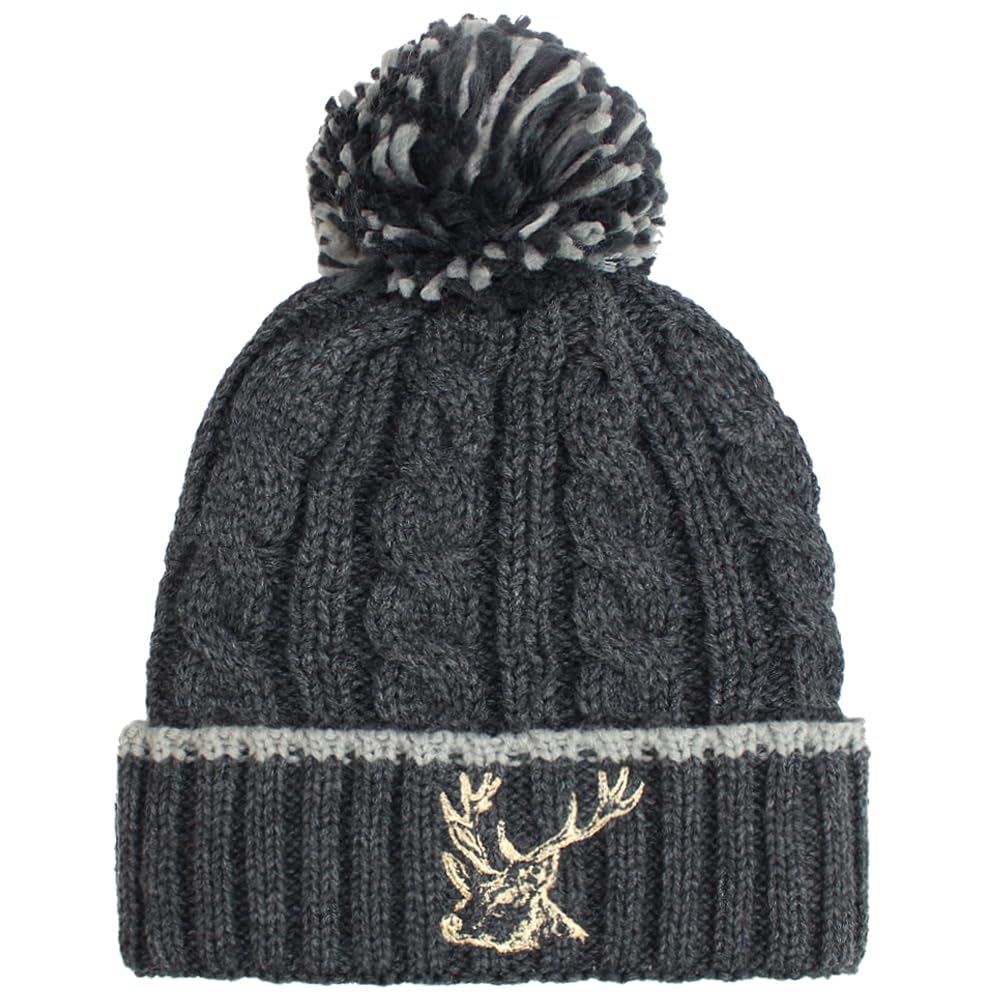 Teddyt's Men's Charcoal & Grey Stag Embroidered Bobble Hat