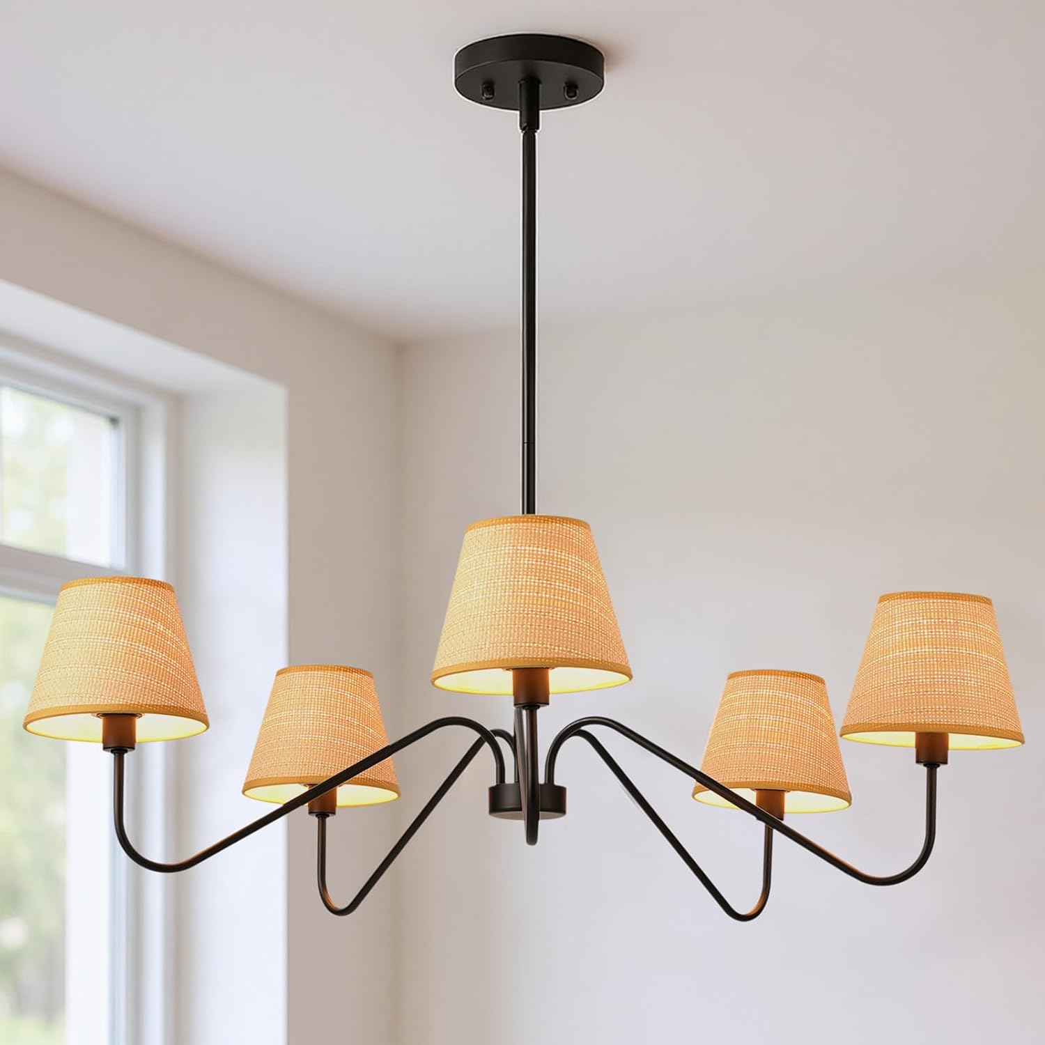 Boho Rattan Chandelier for Dining Room, 34" 5-Light Rustic Pendant Light Fixtures for Kitchen Island Adjustable Pendant Lighting Black Chandelier for Dining Room Living Room Bedroom