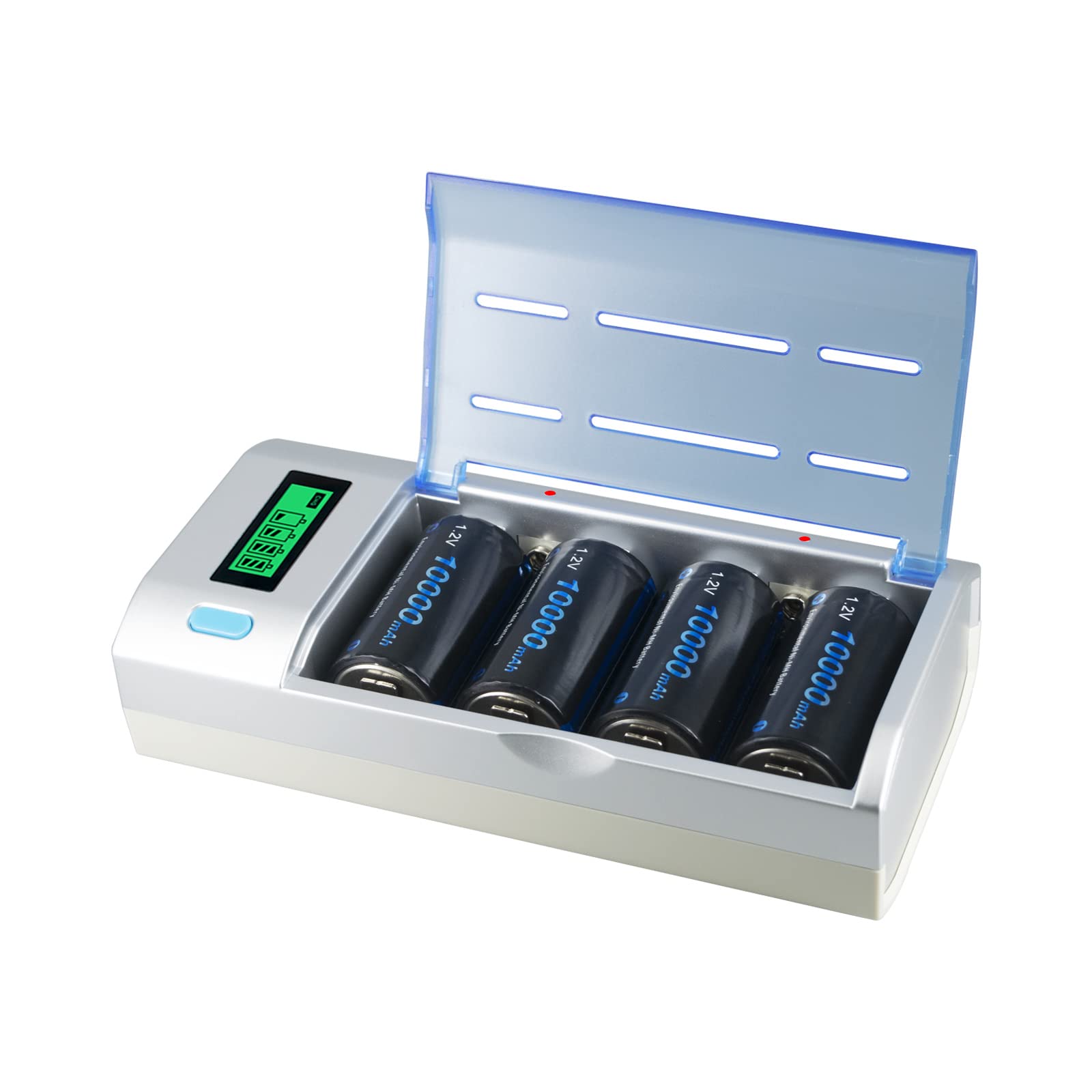 CITYORK Chargeur de Batterie Universel pour écran LCD avec Fonction de décharge pour Batteries AA, AAA, C, D, 9V NI-MH NI avec 4 Batteries NI-MH D Taille 10000mAh