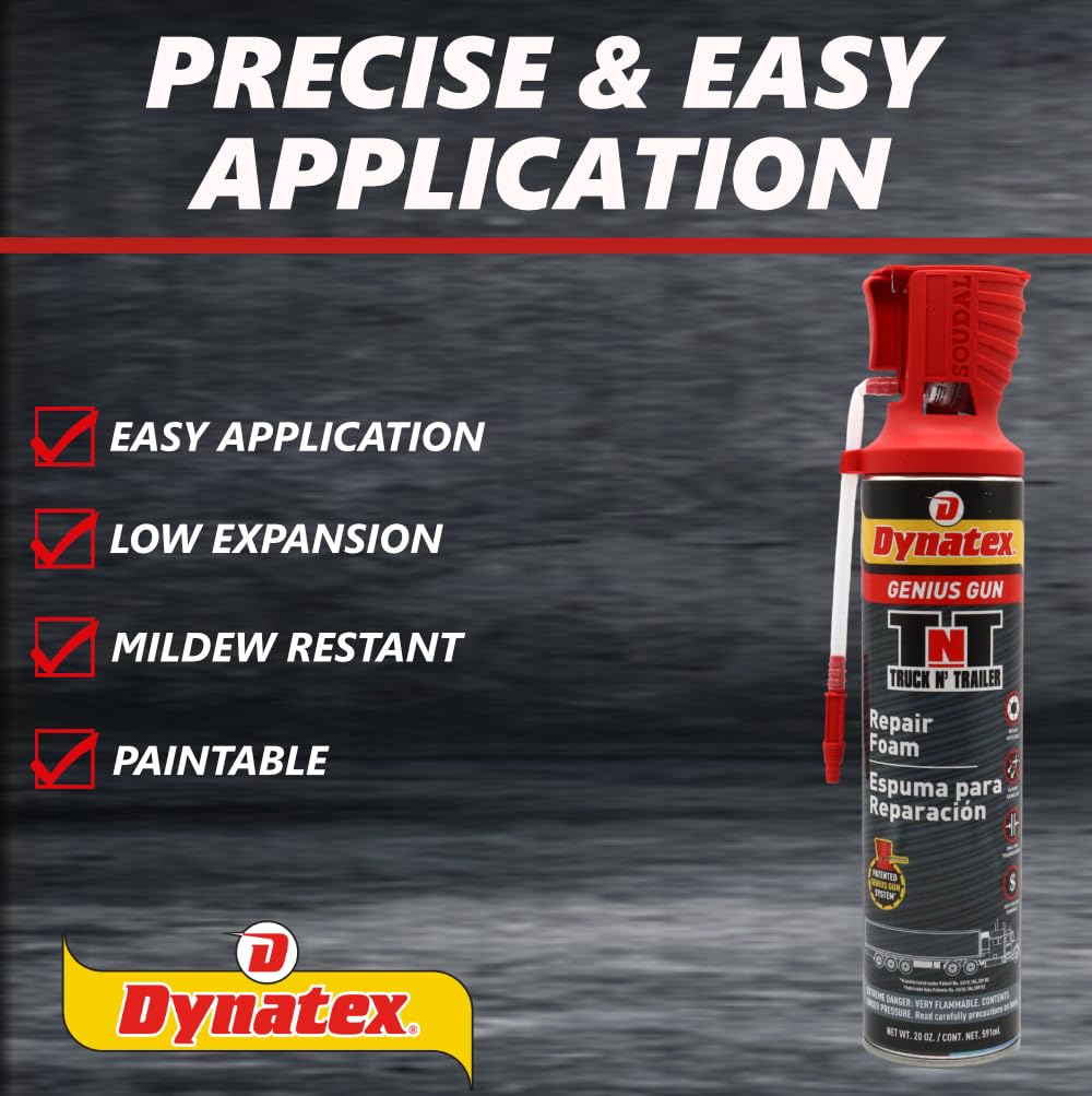 Dynatex Truck N Trailer Repair Foam 20 oz Can w/Genius Gun - Low Pressure Expansion, Sound & Thermal Insulation, Reusable Up to 6 Weeks (2-Pack)