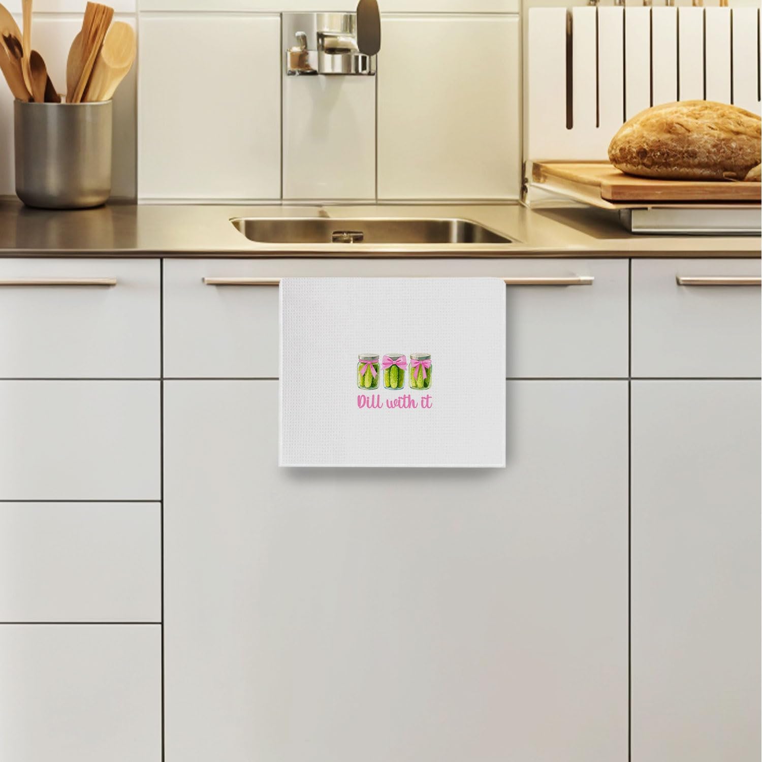 Coquette Pickle Kitchen Towels - Pink Bow Waffle Decorative Dish Towels, Preppy Pickles Jar Hand Towel, Tea Towel, 16x24 Inches - Image 3