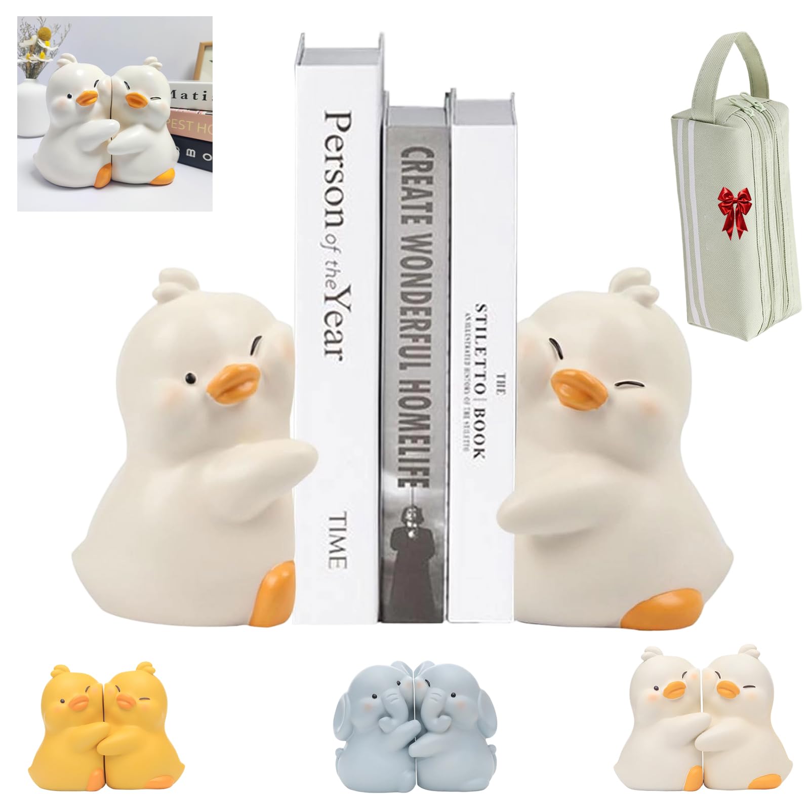 Cartoon Duck Hug Unique Book Ends, Ducks Hugging Bookshelf Stopper, Cute Duck Bookends Creative Resin, Duck Book Ends For Heavy Books Home Office Desk Bookshelf Decoration (WHILE)