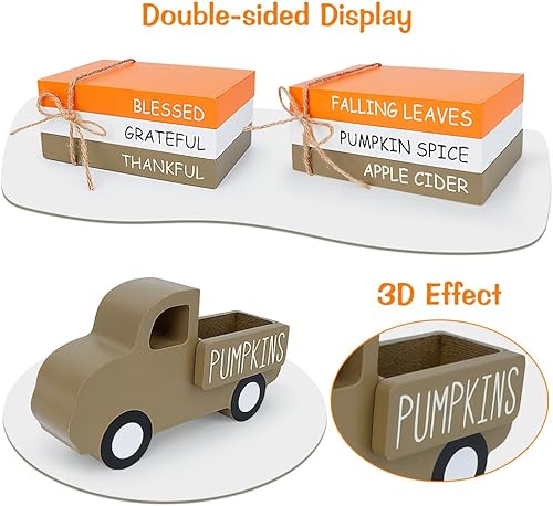 Miniatura 2 de AKEROCK Decoración de mesa de otoño, letreros de otoño de madera de granja con apilamiento de libros, camión 3D y 5 calabazas individuales para