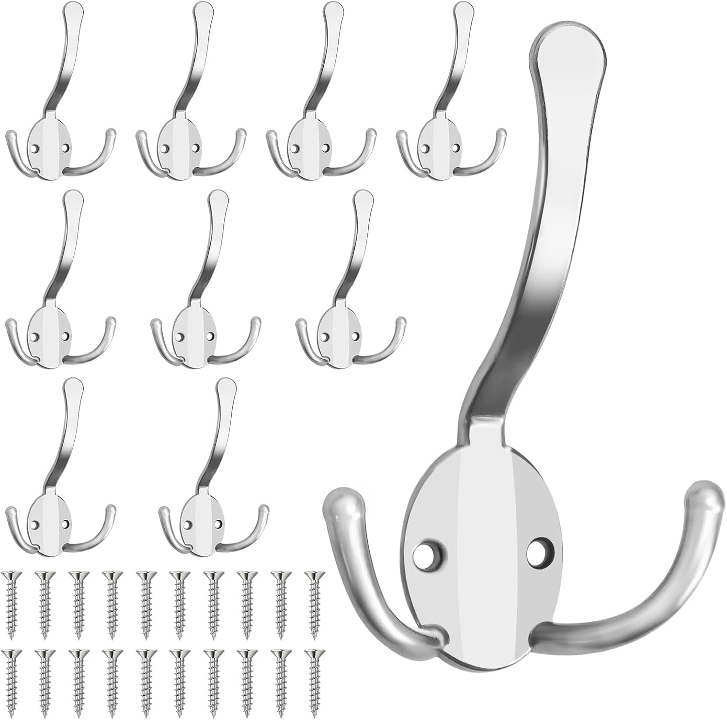 Homanu 8 Pack Coat Hooks Heavy Duty, Metal Three Prongs Large Coat Hooks Wall Mounted with 16 Screws, No Rust Silver Rustic Wall Hooks for Hanging Towel, Coat, Scarf, Bag, Hat, Cup, Key