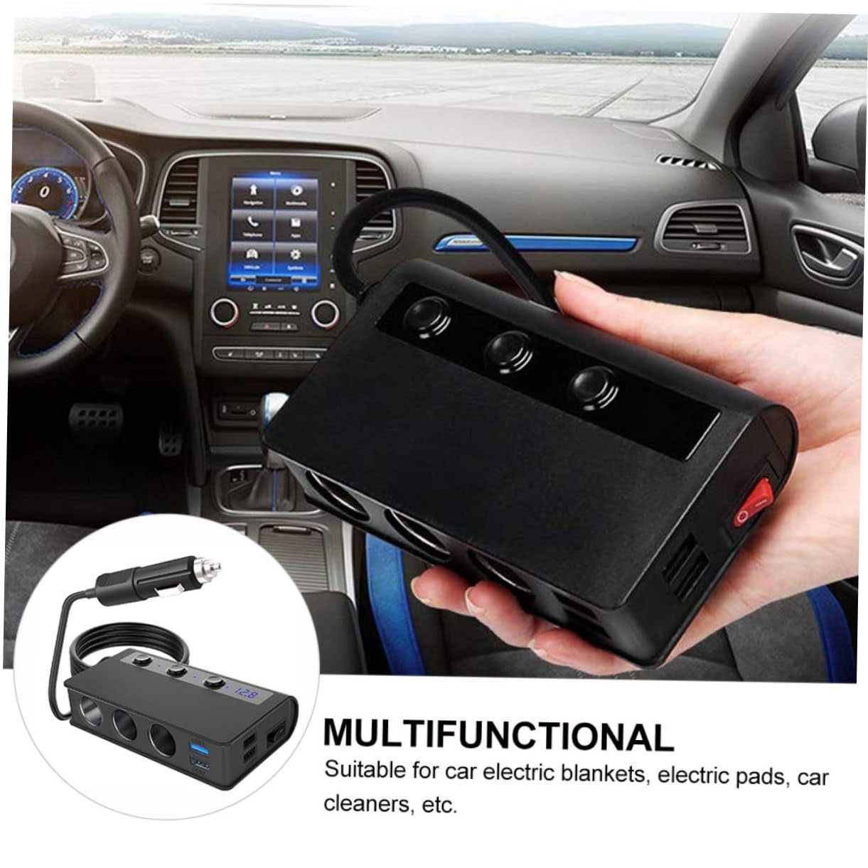 POPETPOP Caricatore Auto 3 Prese 180w 4 Porte Usb, Sdoppiatore Accendisigari Nero in Pc, Interruttore Separato e Protezione per Auto