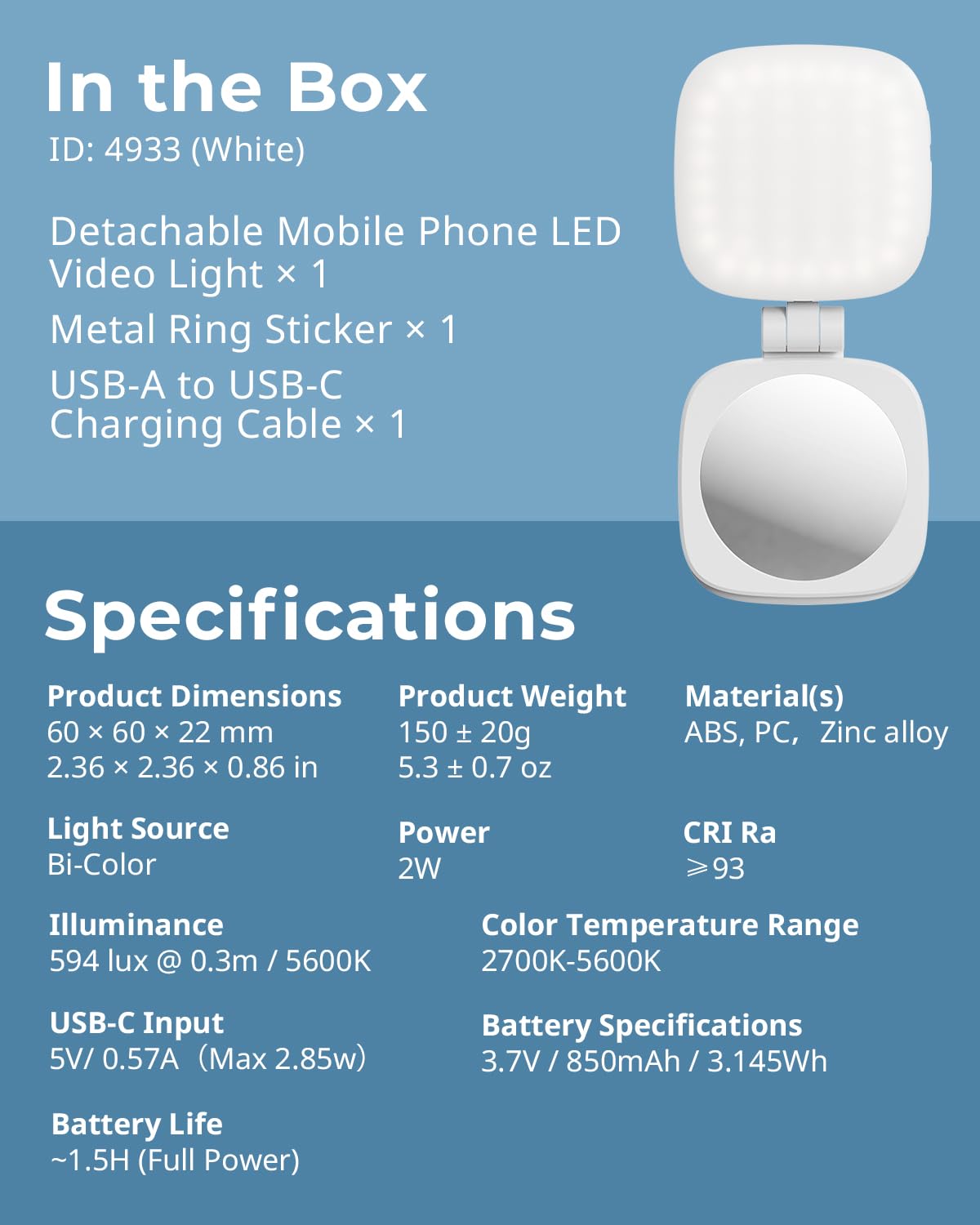 SMALLRIG Magnetic Selfie Light do iPhone'a, lampa do telefonu z lusterkiem, natychmiastowe mocowanie do MagSafe, do selfie, wideokonferencji, Vibe P48 White - 4933