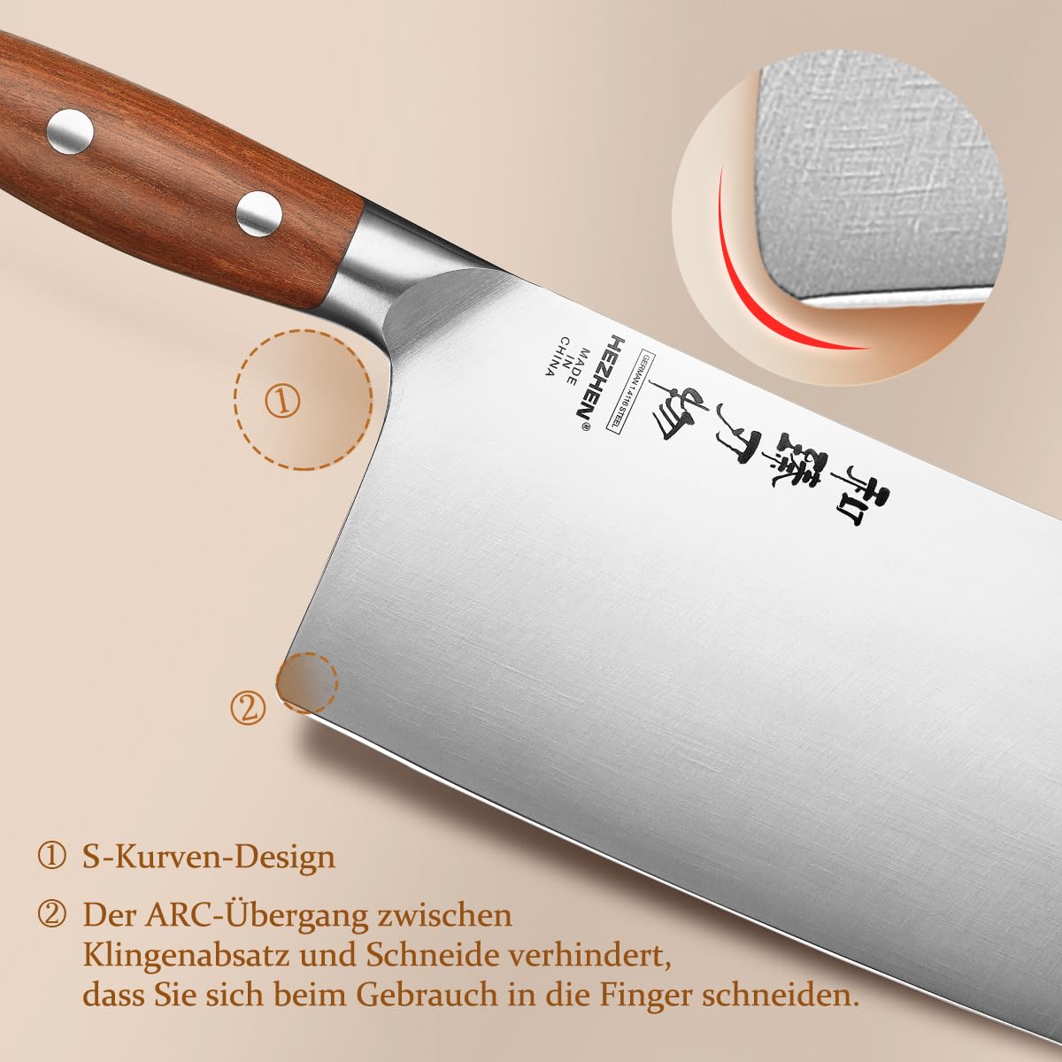 HEZHEN 18cm Hackmesser, Profi Chinesisches Kochmesser, German Stahl Scharf Küchenmesser, Gemüse Fleischbeil Schneidemesser, Ergonomischer Griff aus Redwood