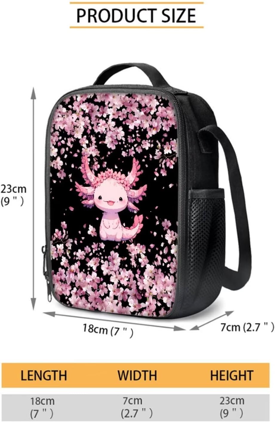 Cherry Blossom Axolotl 3 in 1 School Backpack Set 17 inches Book Organizer Backpack,Small Lunch Bag Messenger Tote with Bottle Mesh Pockets Zipper Closure Pencil Case Pouch 3 Pack Set