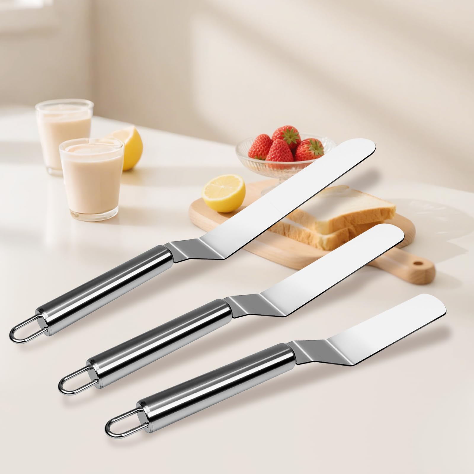 Lot de 3 spatules décalées avec lame de 15,2 cm, 20,3 cm et 25,4 cm, spatule à glaçage en acier inoxydable, outils de décoration de gâteaux, lisseur pour décoration de gâteaux, pâtisserie