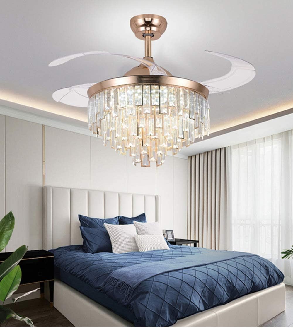 A Million 42" Crystal Ceiling Fan with Light Modern Luxury Chandelier Retractable Blades Remote 3 Speeds 3 Color Changes Silent Ceiling Fans Lighting Fixture, LED Kits Included