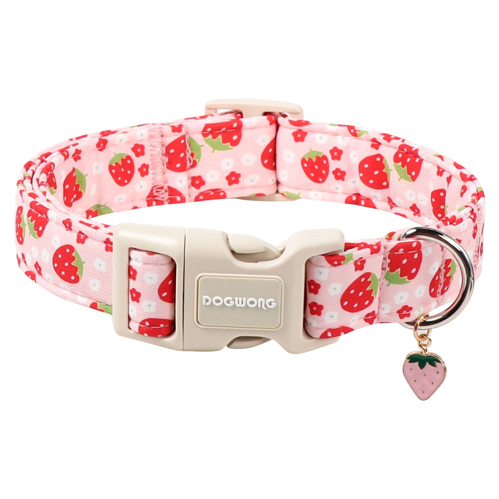 DOGWONG Strawberry Dog Collar, Pink Strawberry Dog Collars Adjustable Designer Strawberries Flower Puppy Pet Collar for Small Medium Large Dogs, M