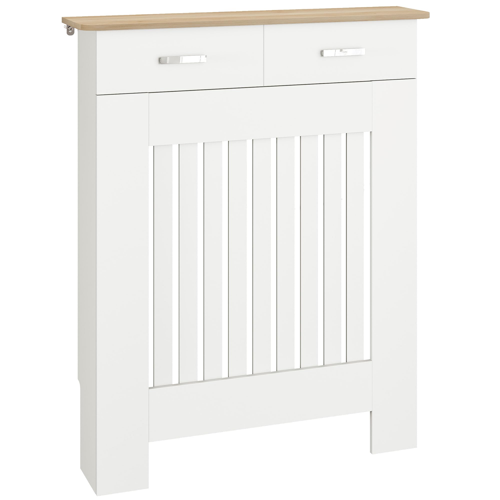 HOMCOM Copri Termosifone Moderno a Doghe Antiribaltamento con Cassetto Portaoggetti, Copritermosifone in Legno per Soggiorno, Corridoio e Ufficio, 78x19x97 cm, Bianco