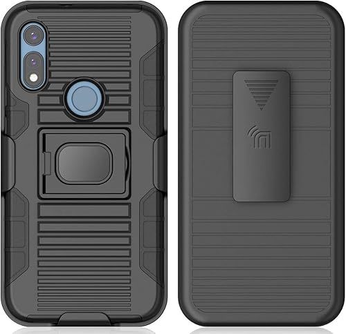 Miniatura 2 de Funda/soporte/clip para Moto E 2020, Nakedcellphone Black Rugged Cover [con soporte de agarre de dedo] + [funda de cadera para cinturón] + [soporte
