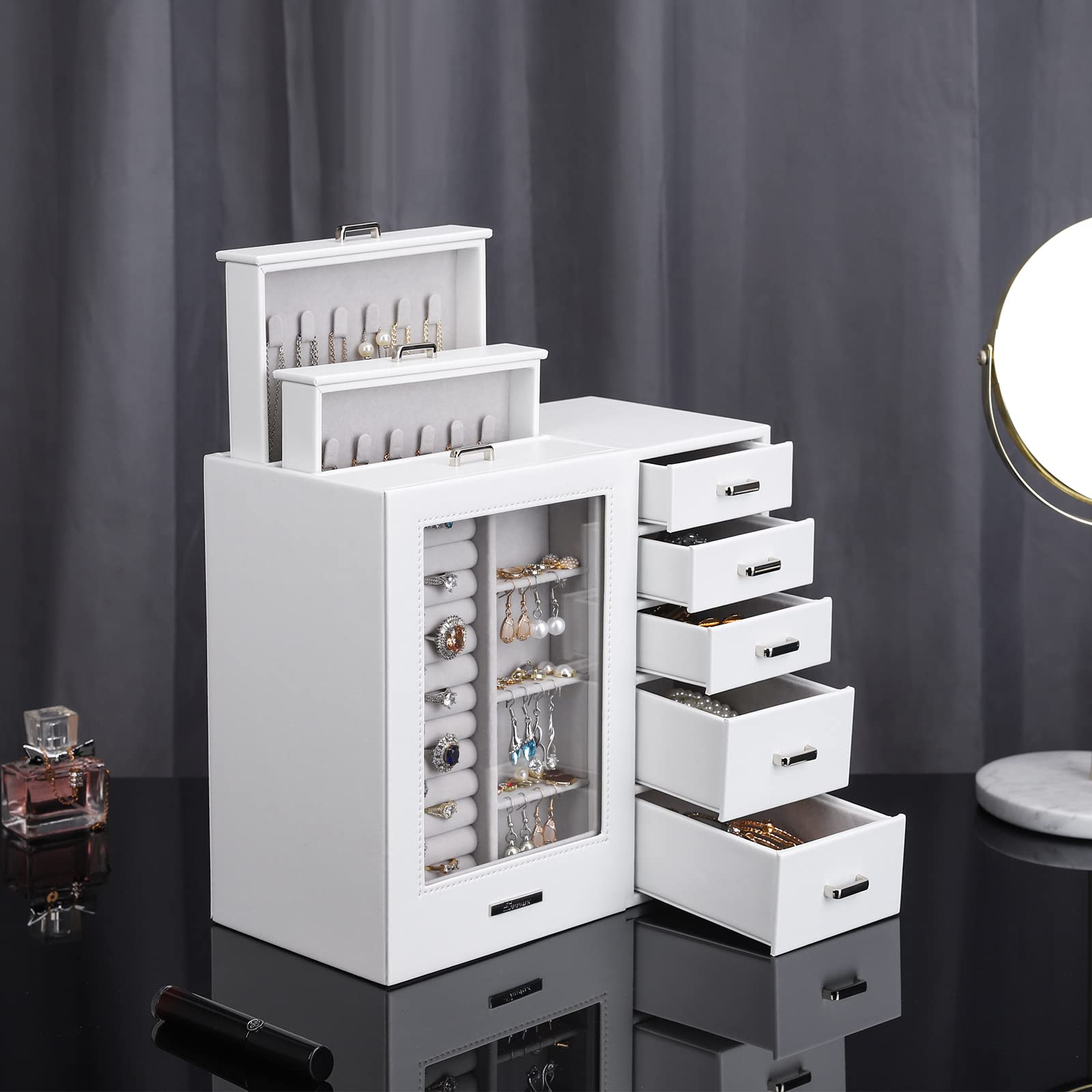 Joyero Grande con Vitrina para Mujer: 8 Cajones para Joyas | Organiza Collares Anillos Relojes y Pendientes-Tocador y Dormitorio-Frontal de Cristal para una Selección Rápida-Blanco