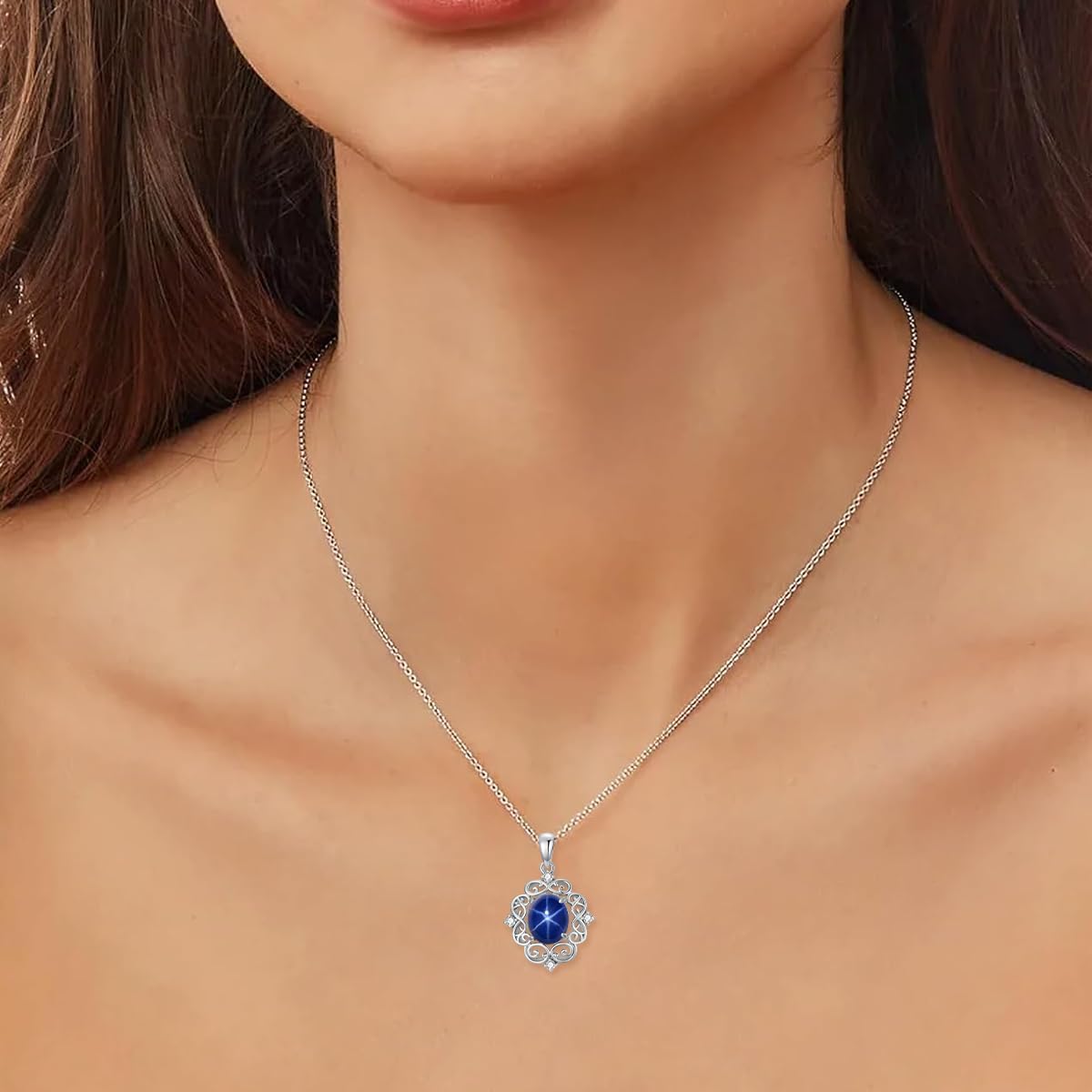 Linde Star Necklace for Women Blue Star Sapphire with Genuine Diamond Necklace 925 Sterling Silver Vintage Blue Sapphire Pendant Necklace Jewelry Gifts 18+2“ - Image 5