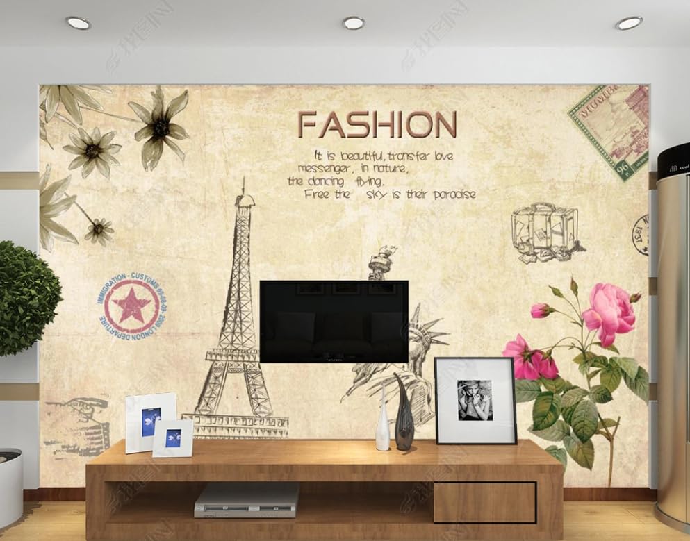 Papier peint intissé Tour de Fer vintage et pivoines pour salon grand format 300x210 cm