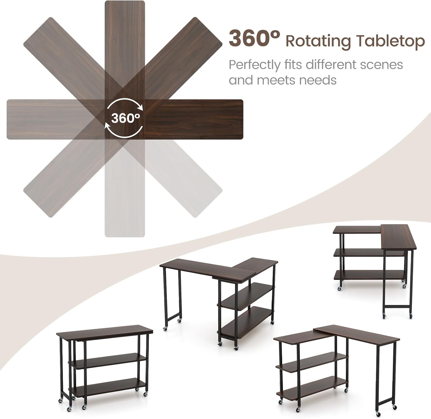 Giantex 360° Free Rotating Sofa Side Table, Mobile L-Shaped Laptop Desk with Sturdy Metal Frame, 6 Universal Casters, Movable Couch Snack Table with 2-Tier Storage Shelf for Home (Walnut)