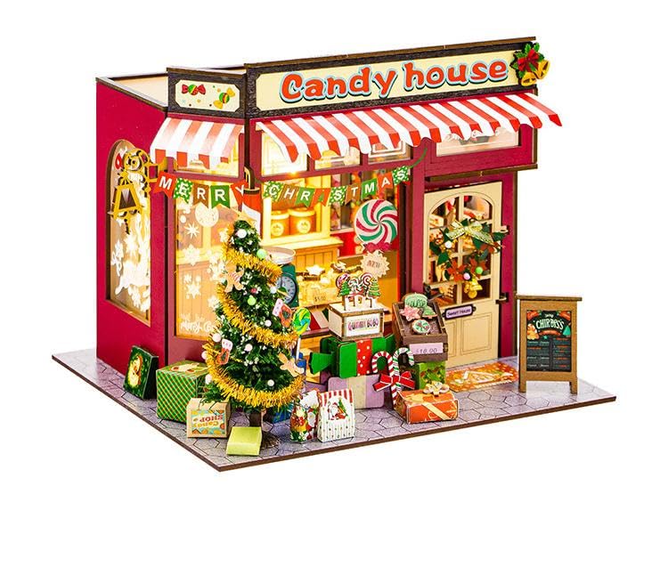 Casa miniatura de doces de Natal DIY • Kit de madeira com luzes LED • casa de Natal com árvore e outros detalhes de Natal • Artesanato para adultos • Decoração e presente criativo
