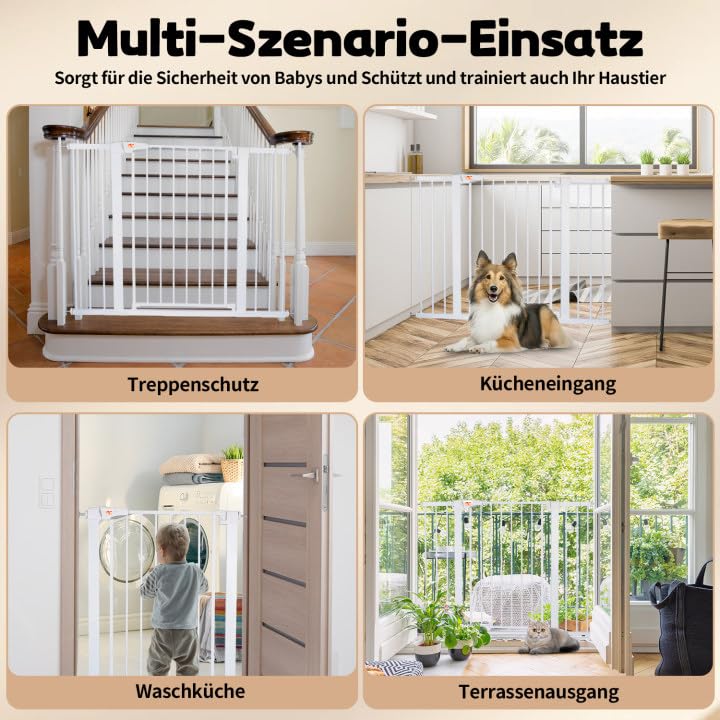 LAOYE Treppenschutzgitter ohne Bohren, Extra Hoch 92 cm Höhe, 75-124 cm Breite, Türgitter Baby mit 3 Verlängerungen, für Kinder, Hunde und Katzen, Auto-Close & 90° Stopp - Weiße