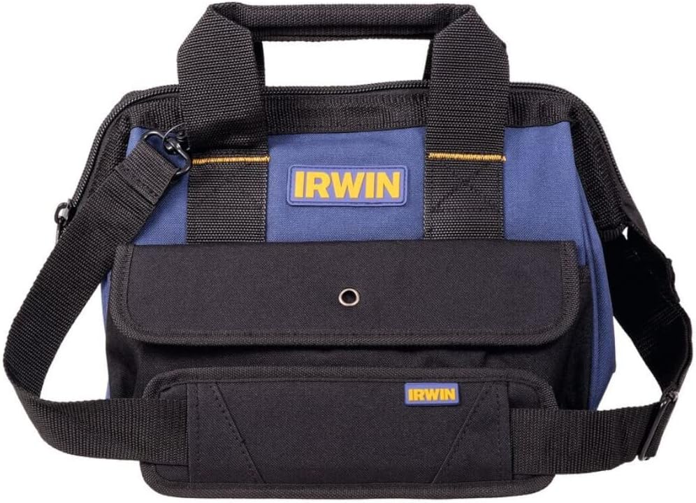 Front view of the IRWIN Standard Tool Bag 12 Inch, Model 1870405, showing the main handles and the front hook-and-loop pocket.