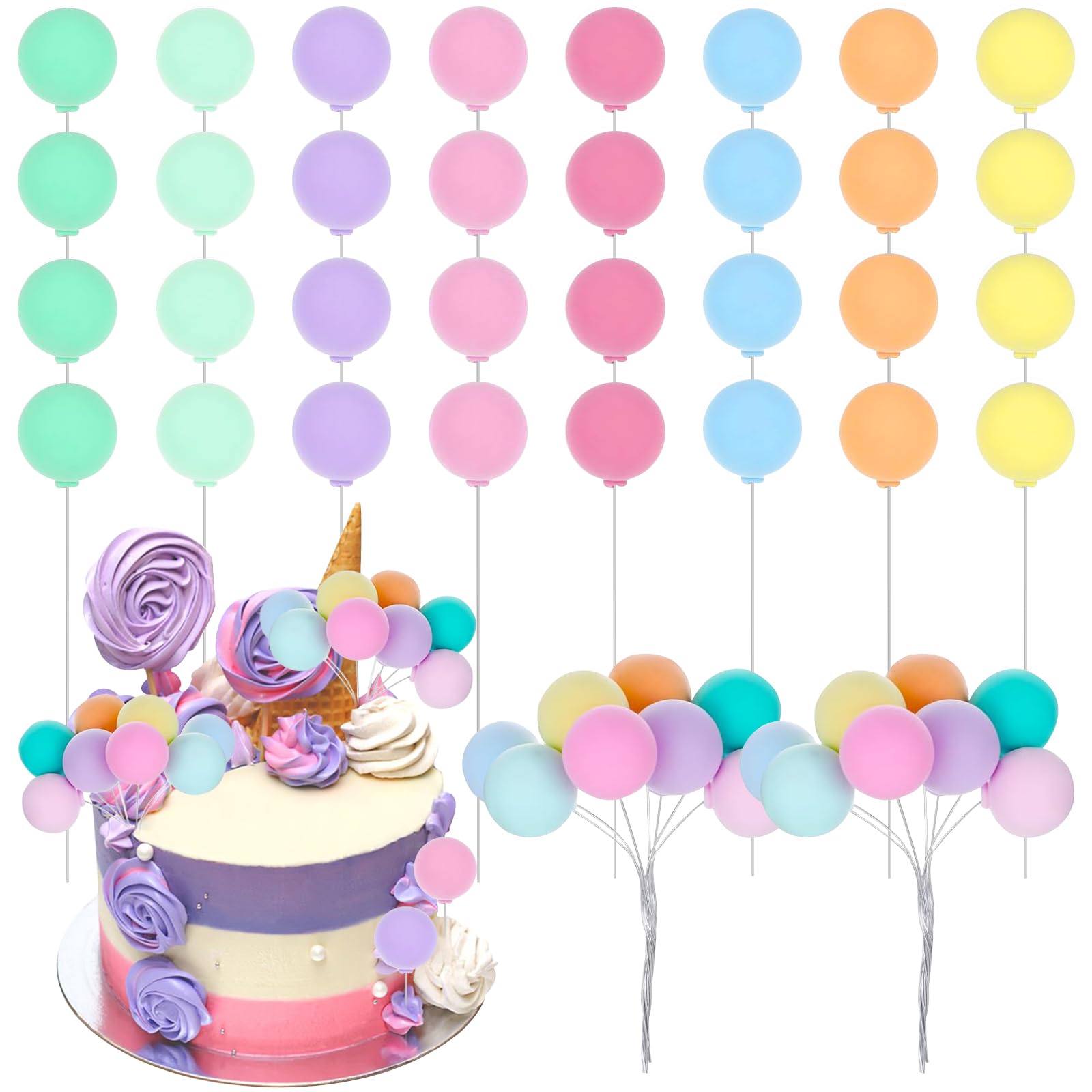 40PCS Ball Cake Toppers,Colorful Balloon Cake Decoration Round Balloons Cupcake Topper, for Birthday Party Wedding Decoration Supplies(Macaron Color)