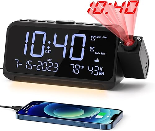 ROCAM Reloj despertador de proyección, reloj digital con proyector de 350 en la pared del techo, despertador doble para dormitorios con modo de día