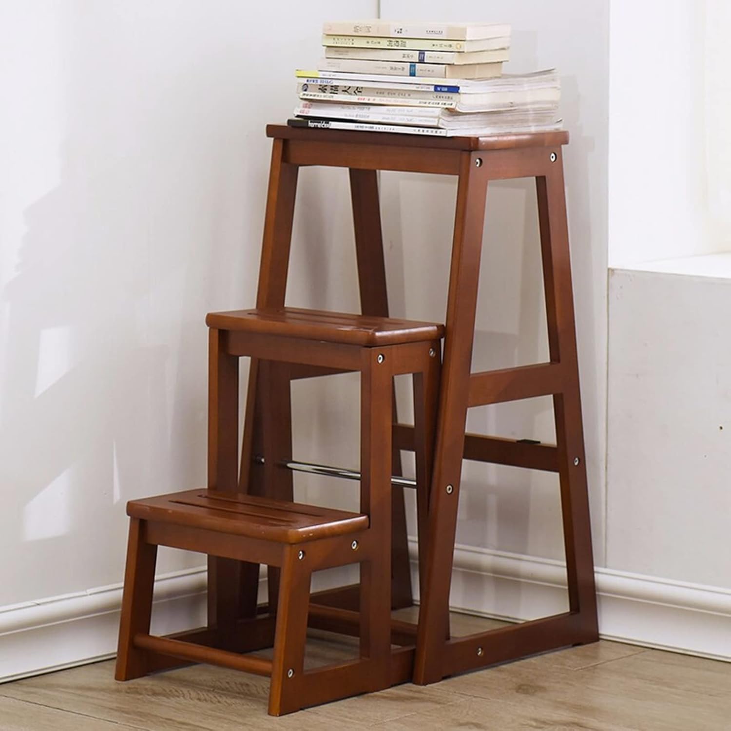 Solid Wood Folding Stool Household Storage Stool Kitchen Ladder Stool 2/3-step Ladder Stool Folding High Stool Wooden Stepladder Foot Stools,Flower Shelf