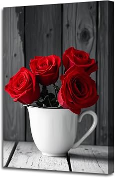 PBXBJY Red Rose Canvas Wall Art Romantic Flowers Pictures Print Vintage Vase Poster Rustic Floral Painting Black and White Artwork Modern Bedroom Living Room Decor Red, 16.00" x 24.00"
