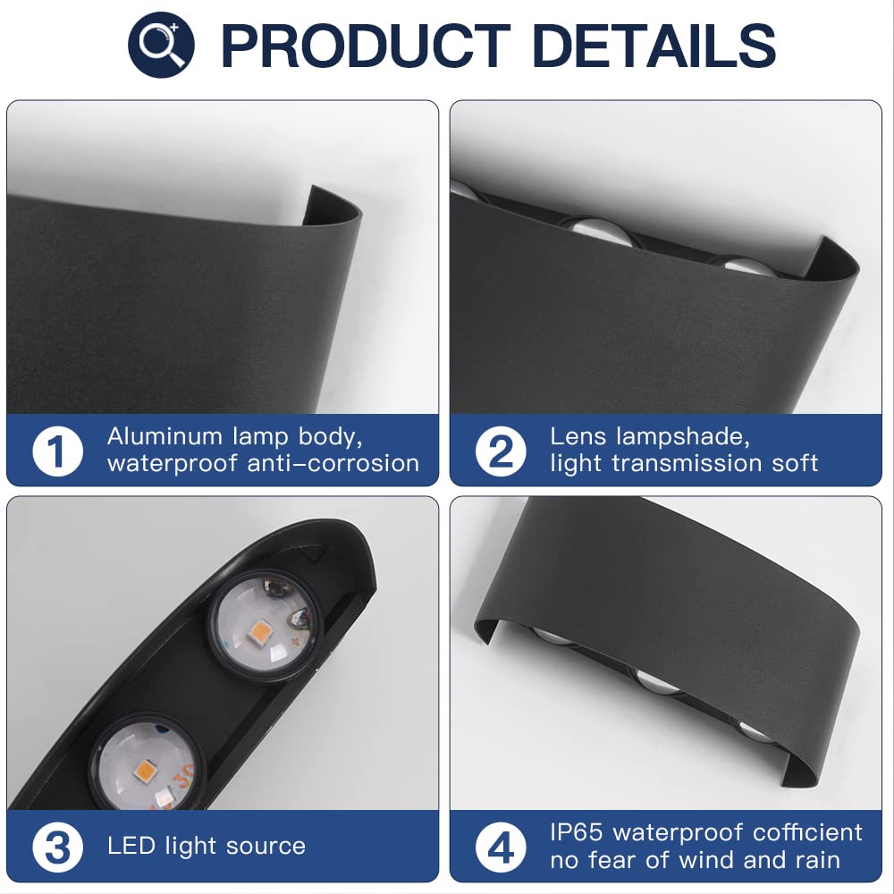 FUPE 2 Piezas Lámparas de Pared Exterior/Interior LED Aplique Pared 12W 1200LM ip65 impermeables up and down lámparas de pared de aluminio modernas que brillan arriba y abajo(Negro 3000k luz cálida) — view 7