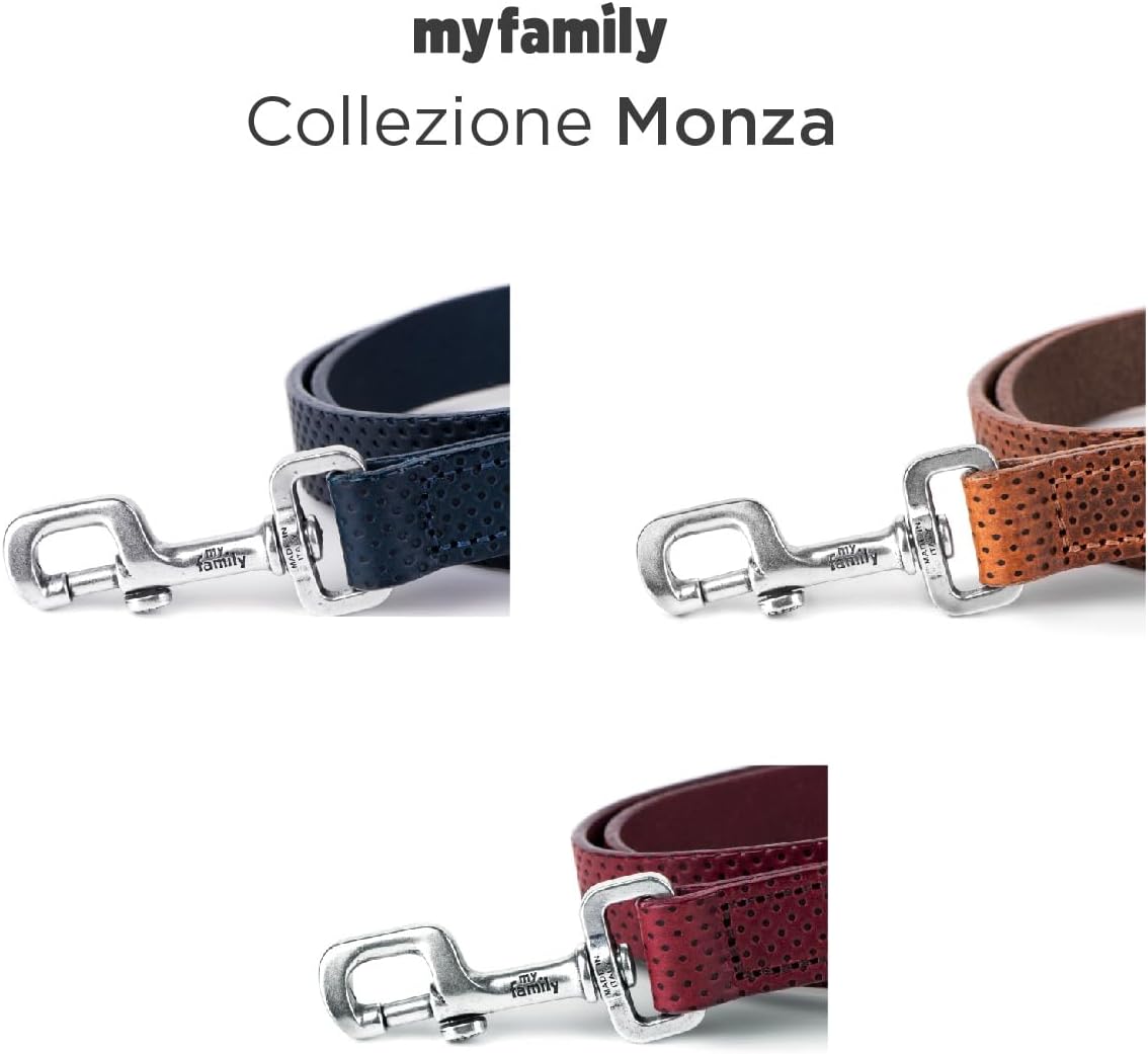 MyFamily Genuine Italian Made Leather Dog Leash, Antique Silver Metallic Trim, Practical and Comfortable, Handmade, Monza Collection