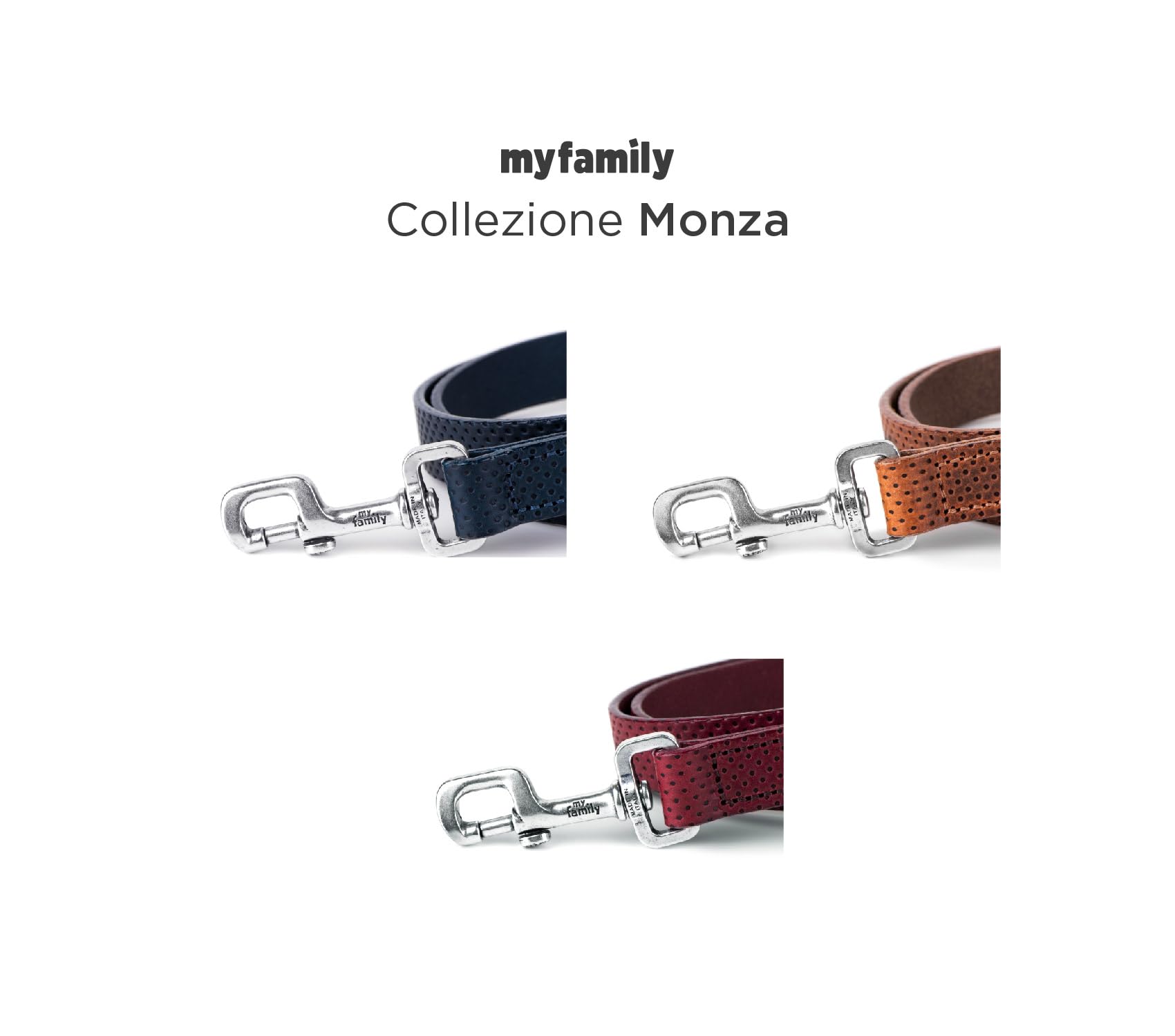 MyFamily Guinzaglio per Cane in Vera Pelle Italiana Made in Italy, Finiture Metalliche in Argento Antico, Pratico e Confortevole, Fatto a Mano, Collezione Monza