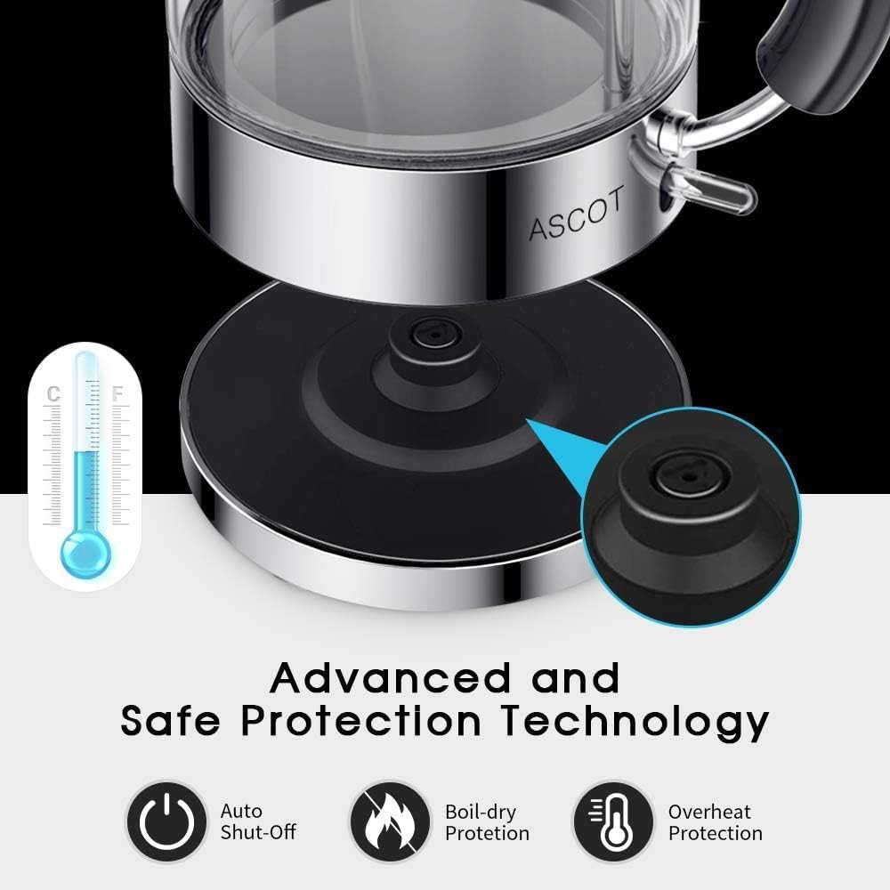 ASCOT Hervidor de agua de cristal, hervidor eléctrico regalos para hombres/mujeres/familias 1,5 L hervidor de agua a presión, protección contra ebullición en seco y apagado automático (plata)