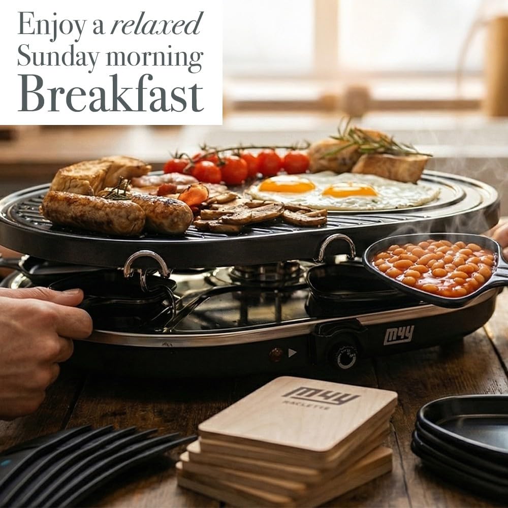 M4Y Piastra elettrica per raclette con piastra antiaderente + set di 8 sottobicchieri in legno, 8 padelle antiaderenti per fonduta e formaggio e 8 spatole, controllo termostato da 1200 W