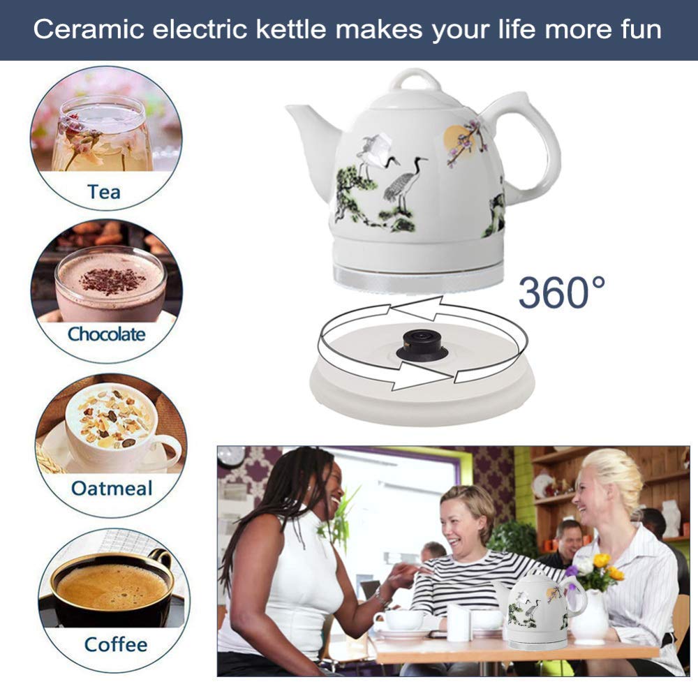 Elektryczny ceramiczny czajnik bezprzewodowy 1200 W – dzbanek retro 1 l, zdejmowana podstawa, ochrona przed gotowaniem na sucho