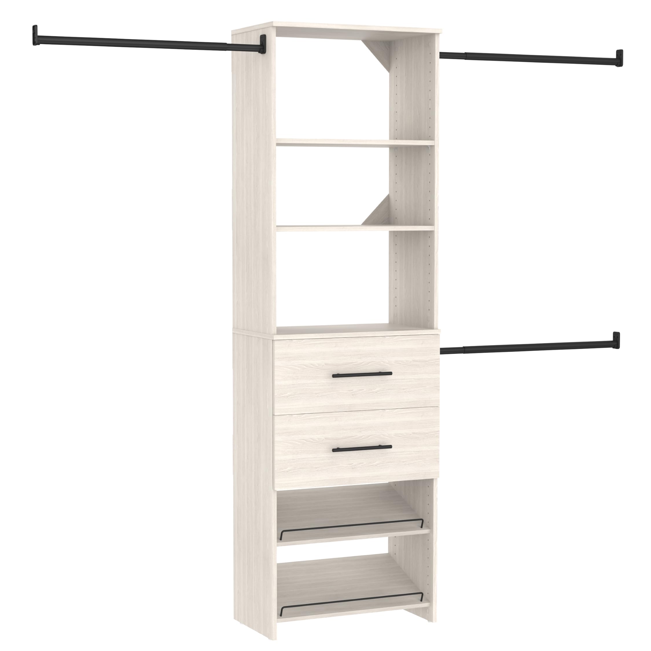 ClosetMaid SuiteSymphony 25-Inch Closet System Tower with (3) Hang Rods, (2) Drawers, and (2) Angled Shoe Shelves, White Timber