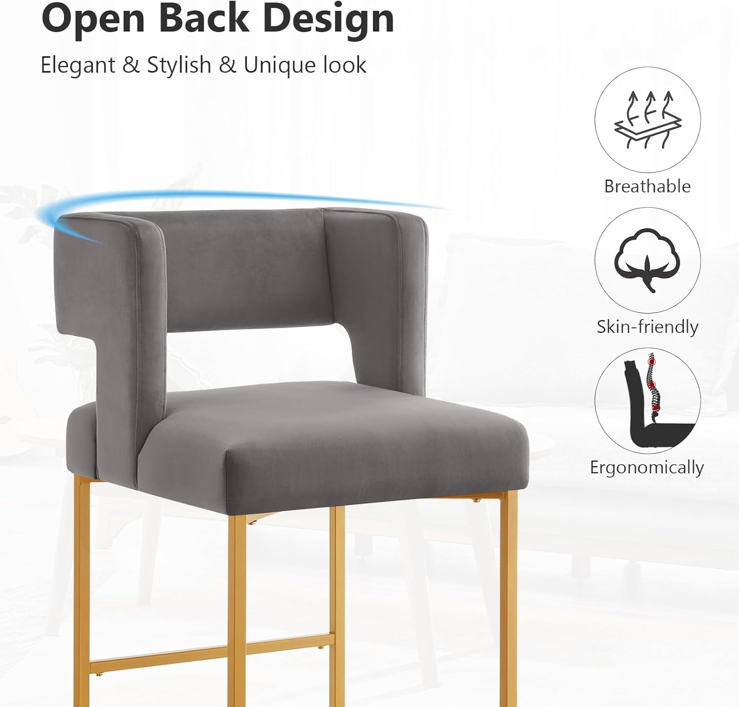 26" H Counter Height Bar Stools Set of 4, Modern Velvet Bar Stools with Square Open Backrest and Gold Metal Frame, Kitchen Counter Stools for Island, Home Bar, Pub(Dark Gray+Gold)