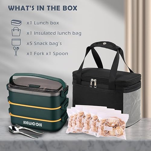 Miniatura 5 de HEWOOH Lonchera Bento de 47.3 fl oz para adultos, diseño de dos capas, apta para microondas y lavavajillas, resistente y desmontable (doble capa